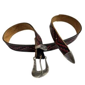 Western Belt Mens 36 Tooled Brown Leather Southwest Woven Concho Inlay Cowboy